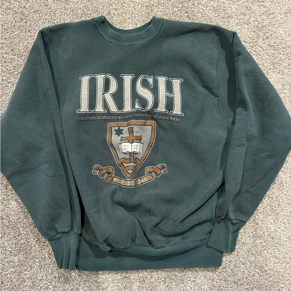 VTG MV Sport Notre Dame‎ Pro Weave Sweatshirt Mens 2XL Green Pullover Crewneck